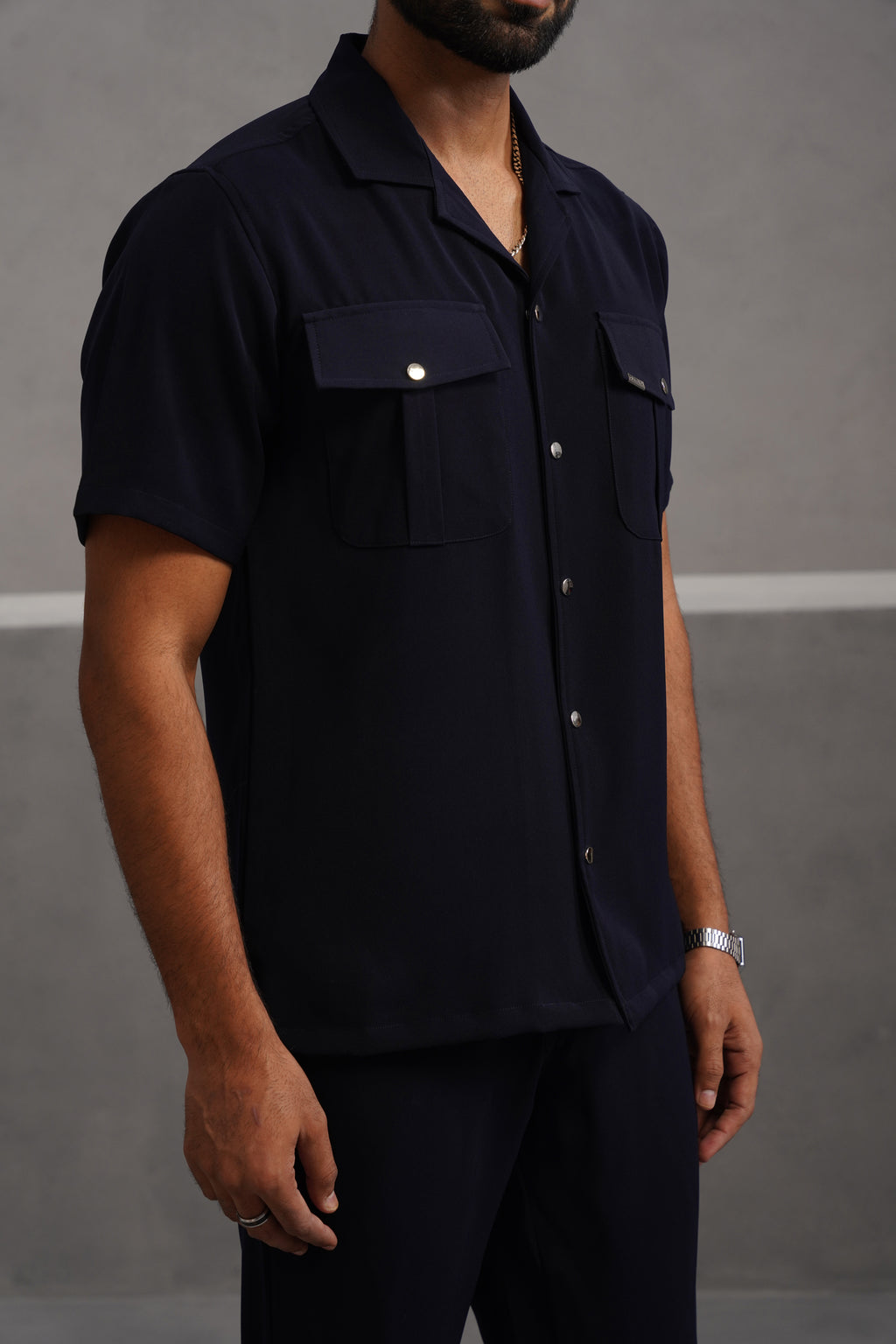 Korean Lycra Luxe Half Sleeve Double Pocket Shirt - Blue