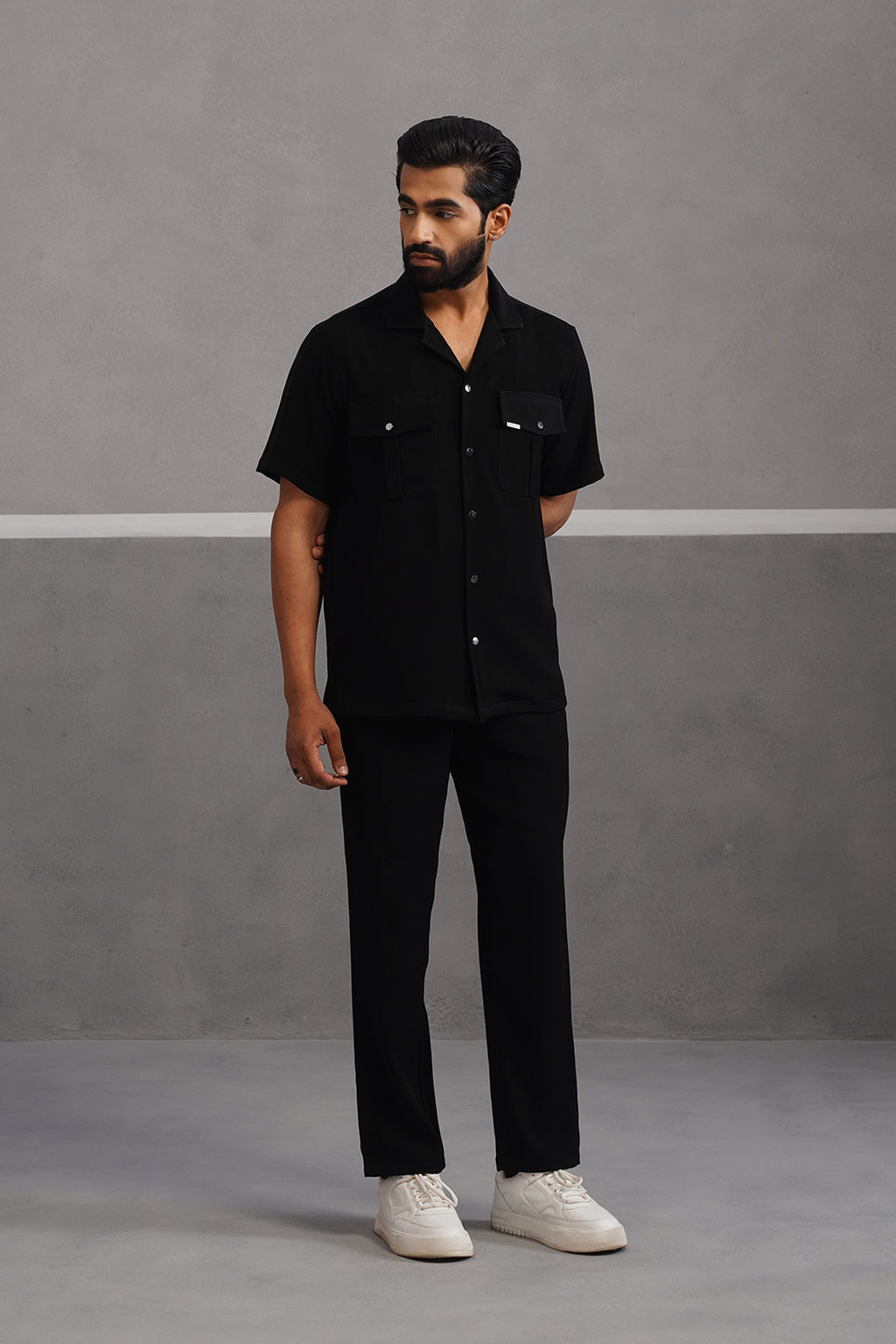 Half Sleeve Korean Lycra Co-ord Set - Black