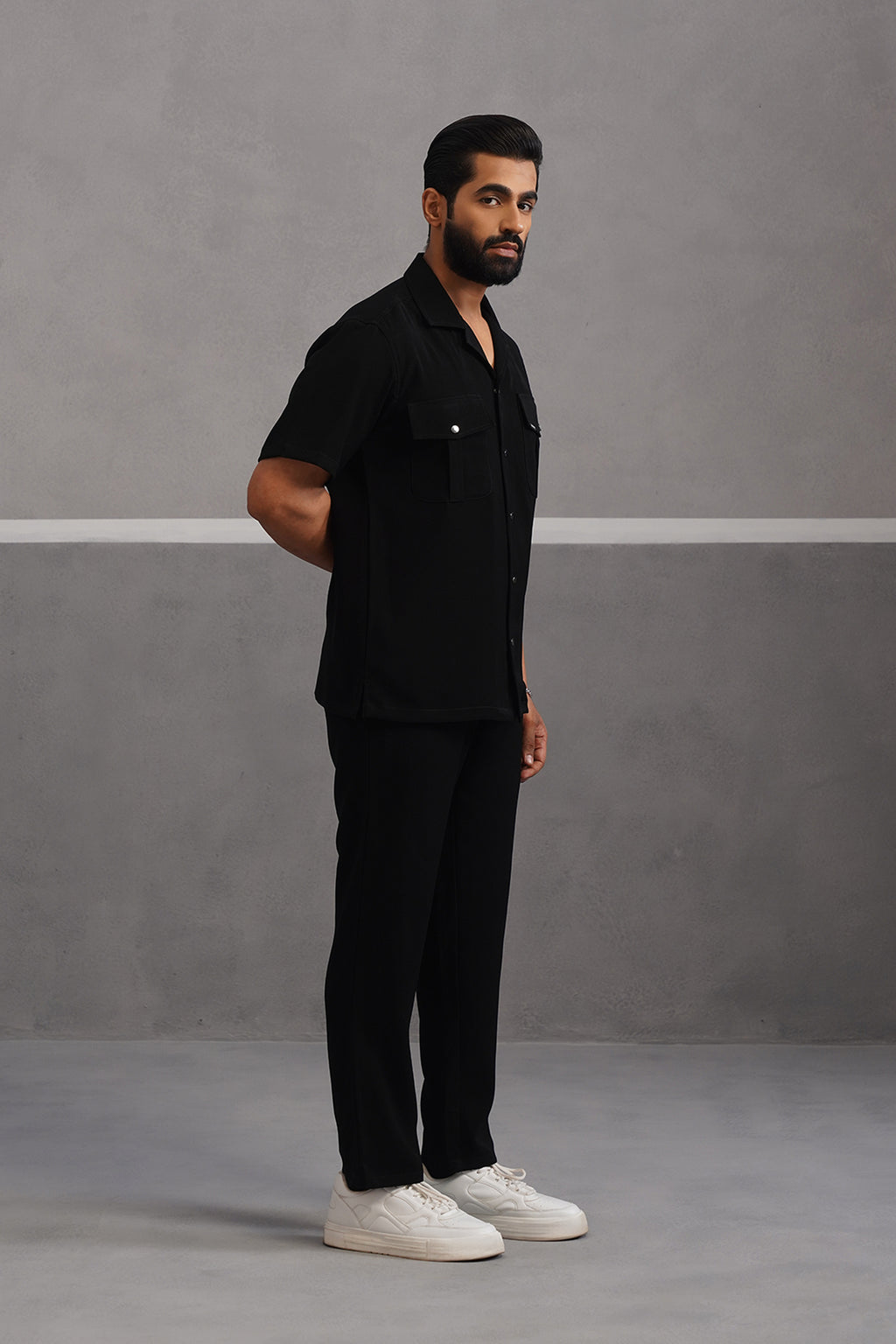 Half Sleeve Korean Lycra Co-ord Set - Black