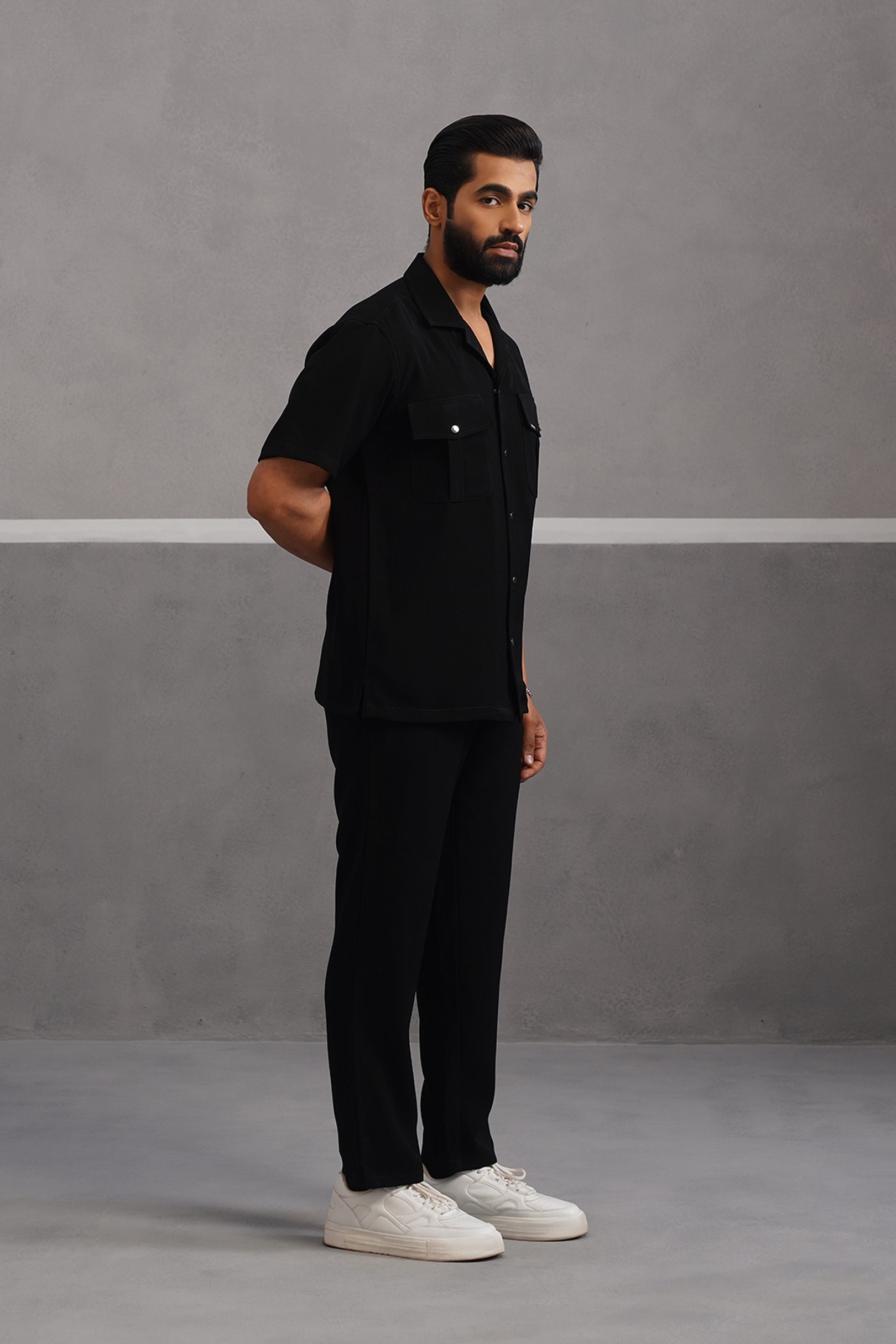 Half Sleeve Korean Lycra Co-ord Set - Black