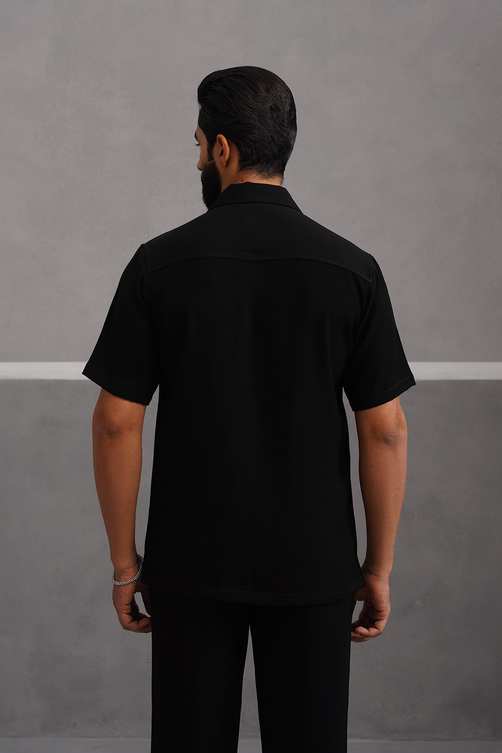 Korean Lycra Luxe Half Sleeve Double Pocket Shirt - Black