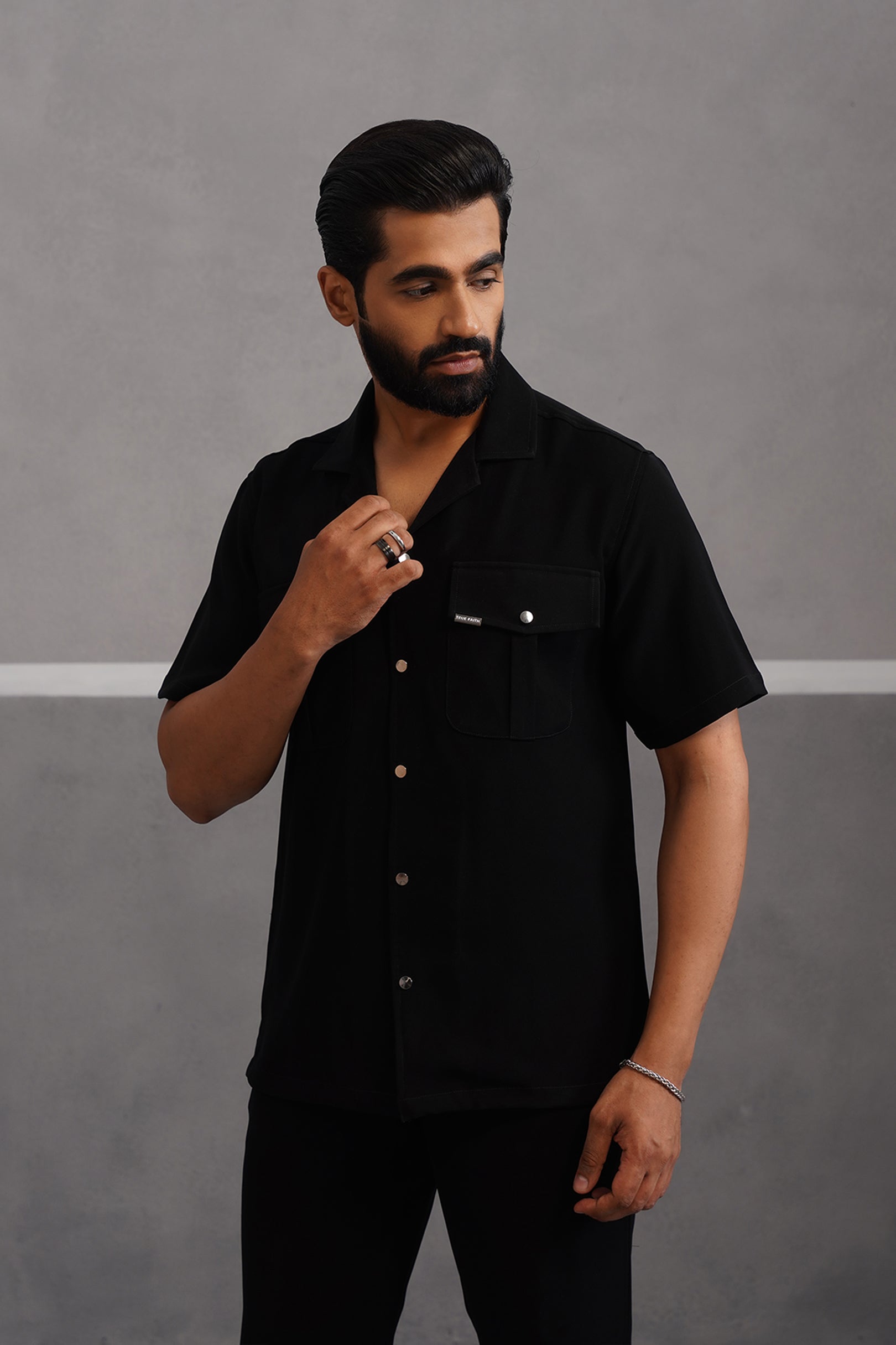 Korean Lycra Luxe Half Sleeve Double Pocket Shirt - Black