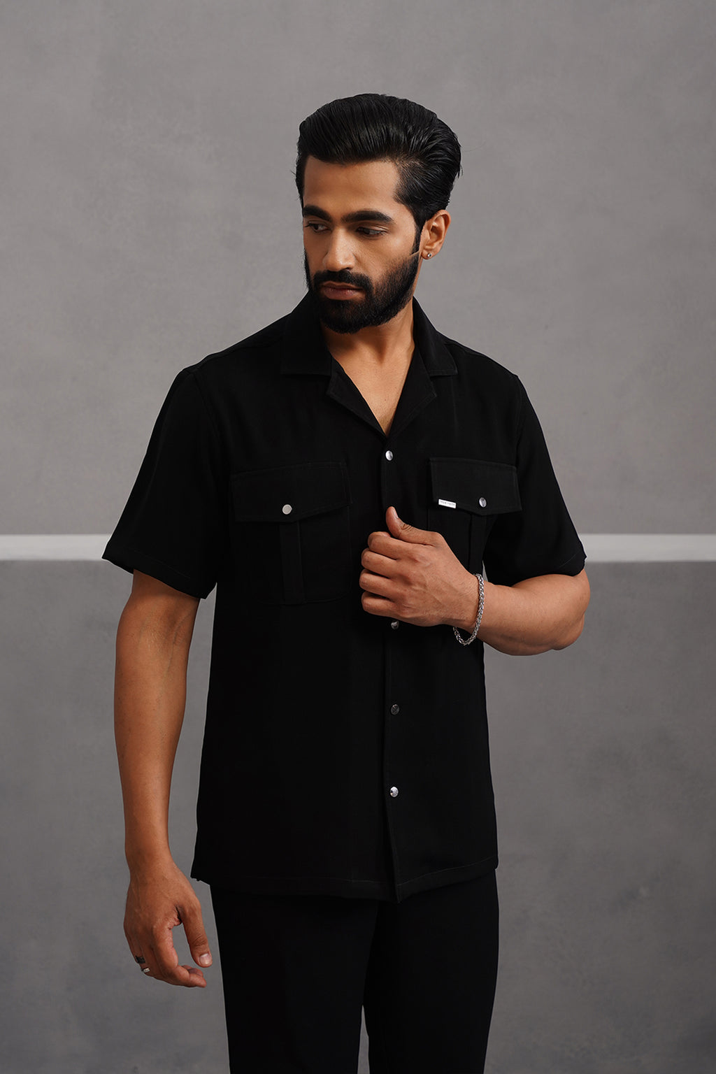Korean Lycra Luxe Half Sleeve Double Pocket Shirt - Black