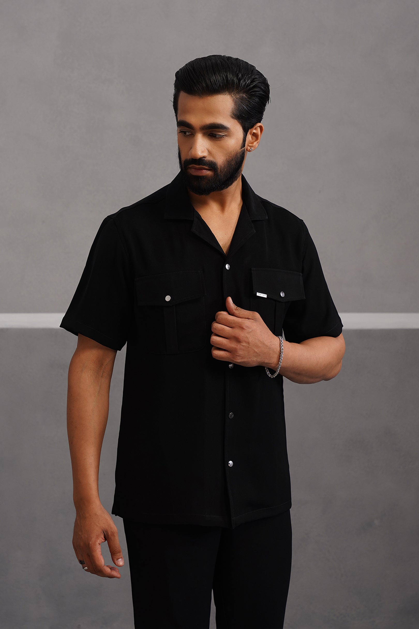 Korean Lycra Luxe Half Sleeve Double Pocket Shirt - Black