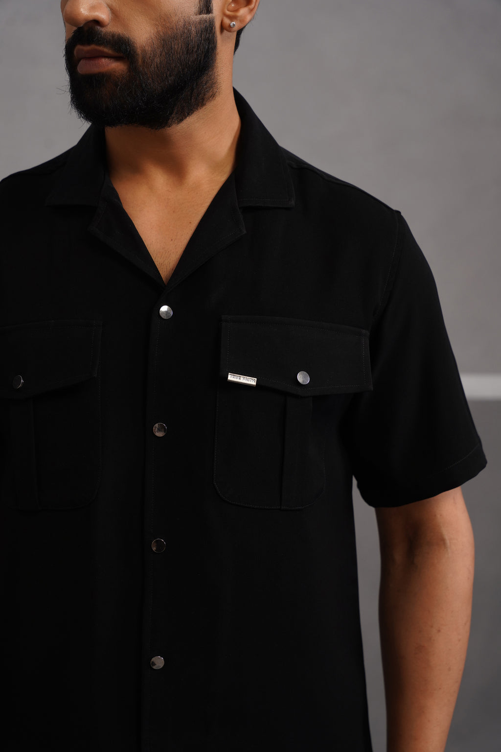 Korean Lycra Luxe Half Sleeve Double Pocket Shirt - Black