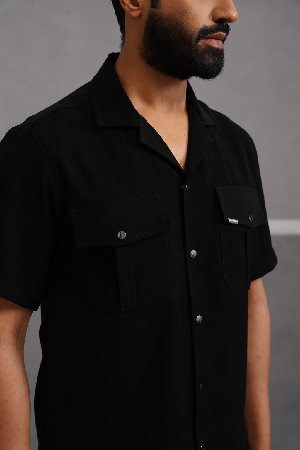 Korean Lycra Luxe Half Sleeve Double Pocket Shirt - Black
