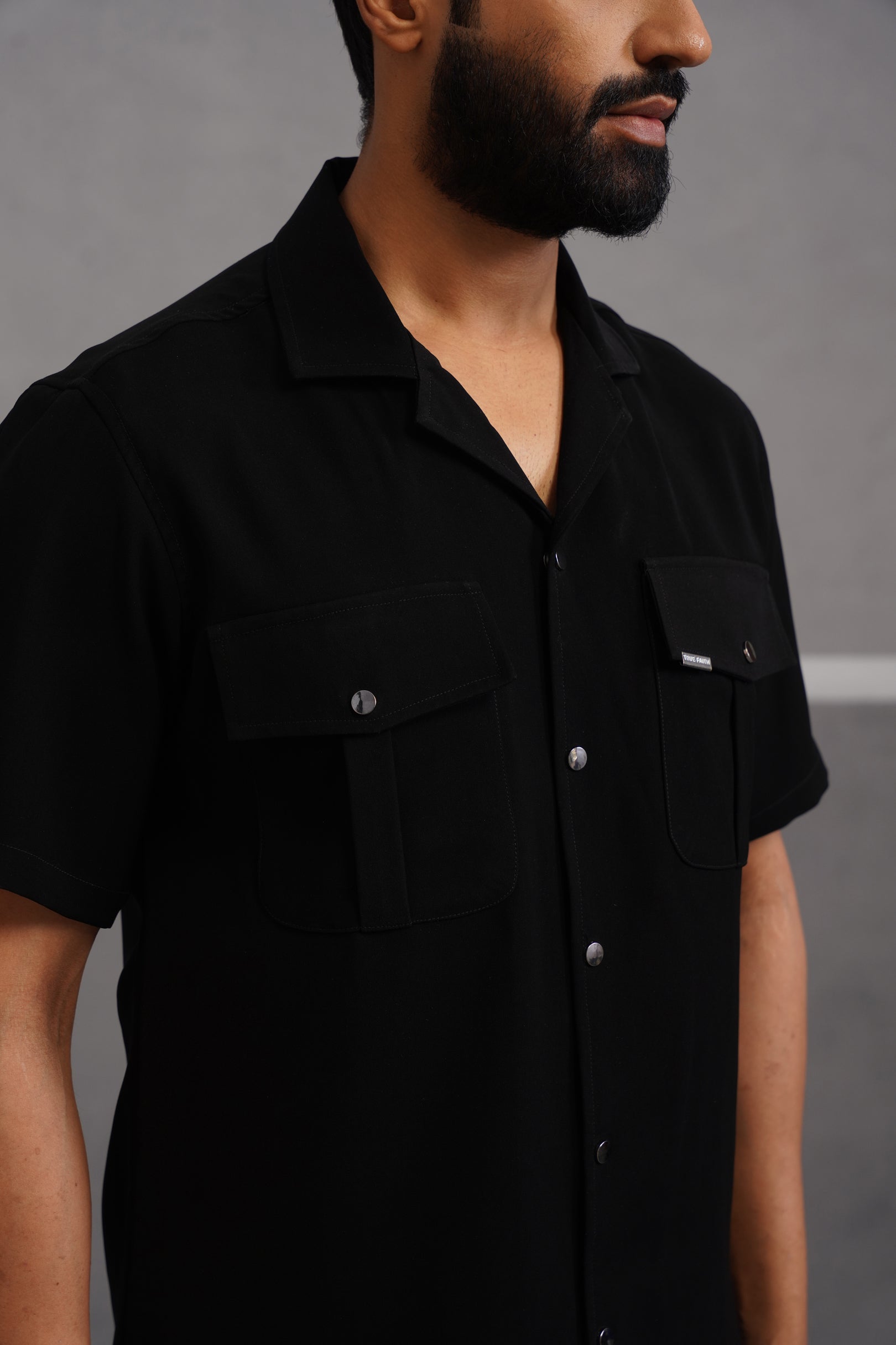 Korean Lycra Luxe Half Sleeve Double Pocket Shirt - Black