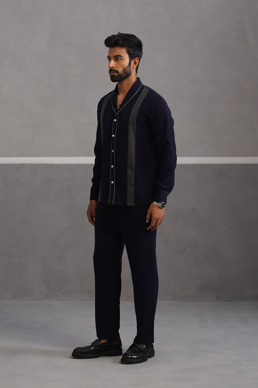 Striped Shirt Korean Lycra Co-ord Set - Blue