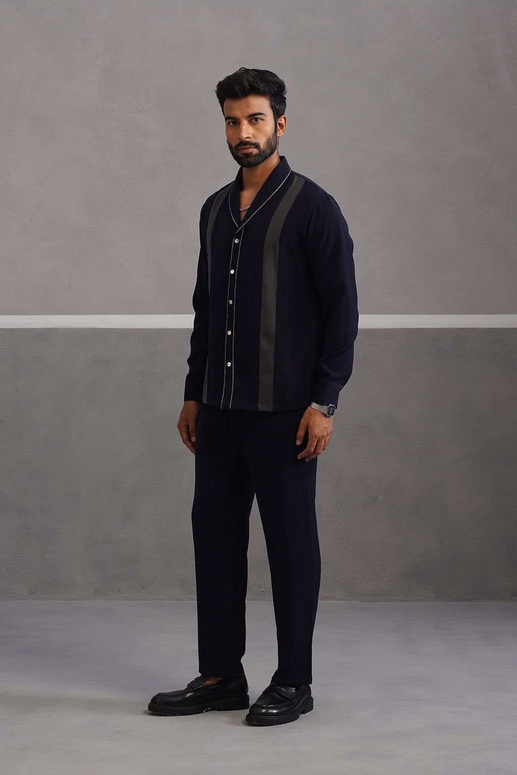 Striped Shirt Korean Lycra Co-ord Set - Blue
