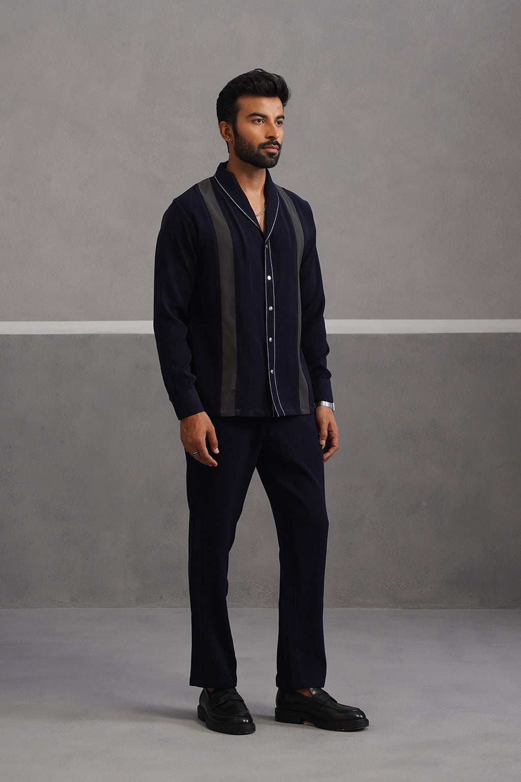 Striped Shirt Korean Lycra Co-ord Set - Blue
