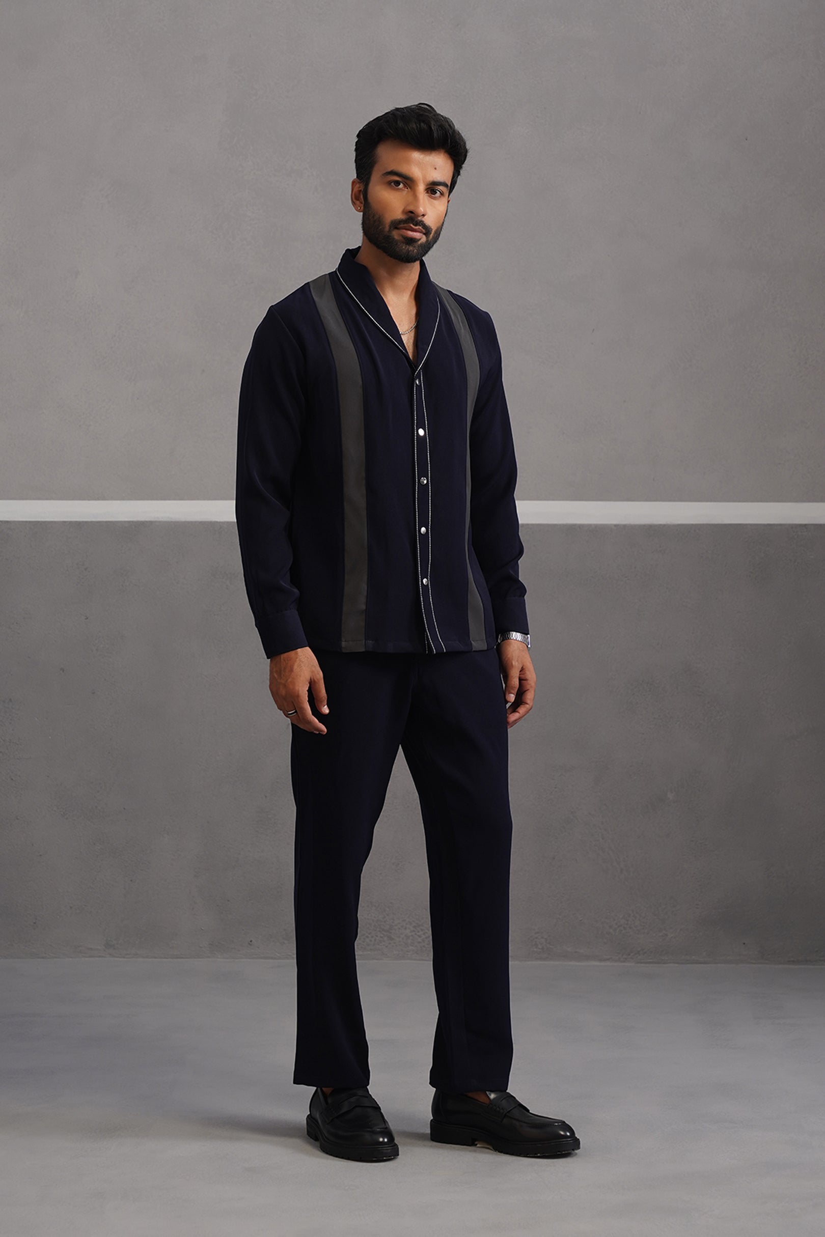Striped Shirt Korean Lycra Co-ord Set - Blue