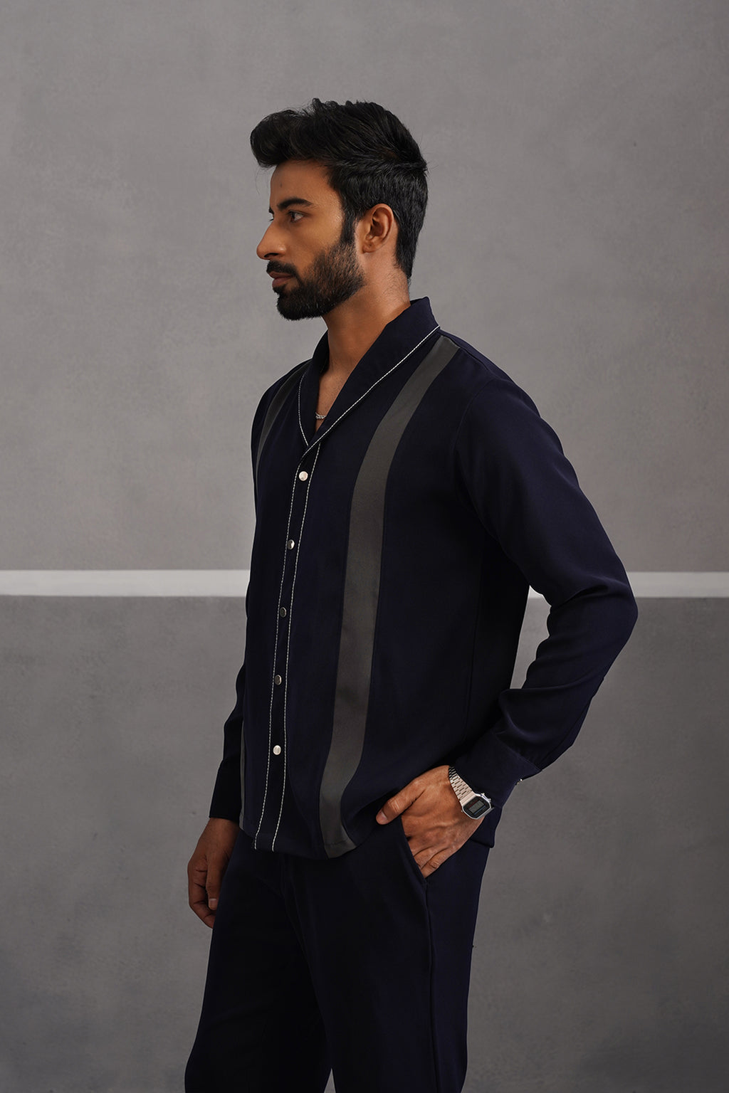 Korean Lycra Elite Full Sleeve Double Striped Shirt - Blue