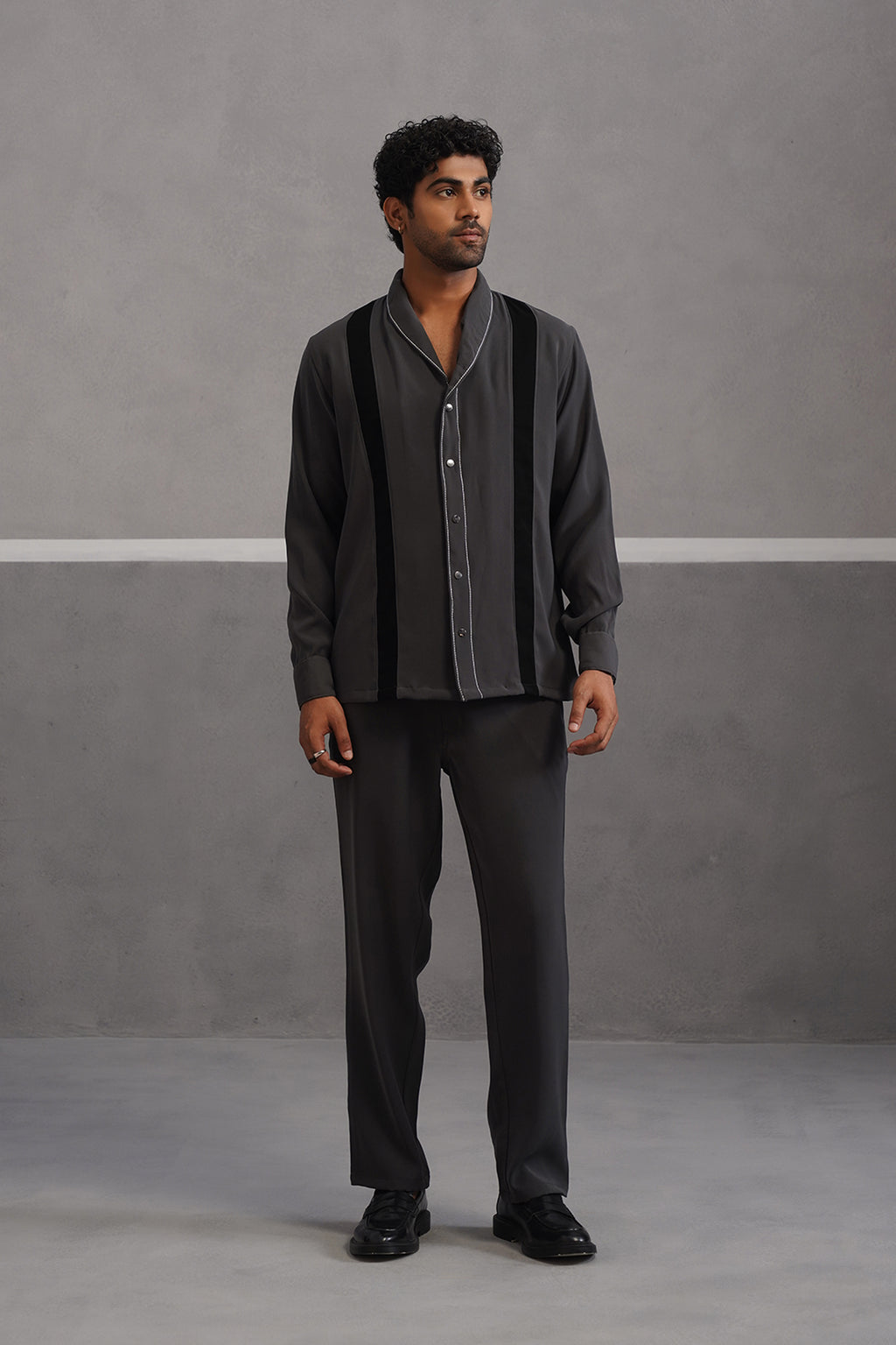 Striped Shirt Korean Lycra Co-ord Set - Grey