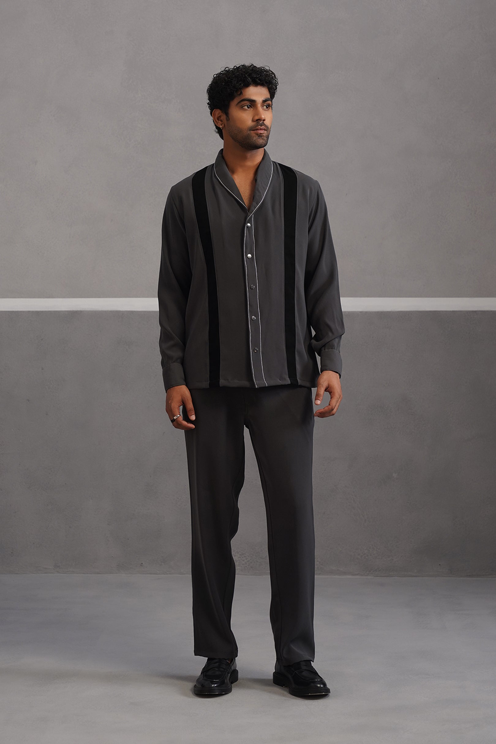 Striped Shirt Korean Lycra Co-ord Set - Grey