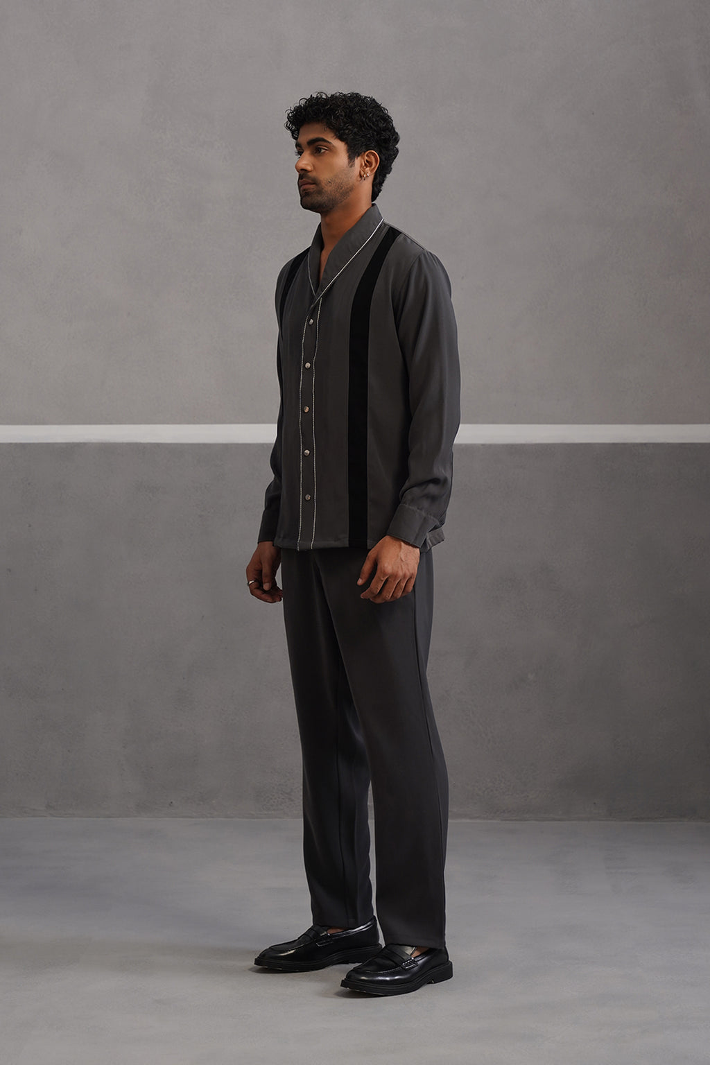 Striped Shirt Korean Lycra Co-ord Set - Grey