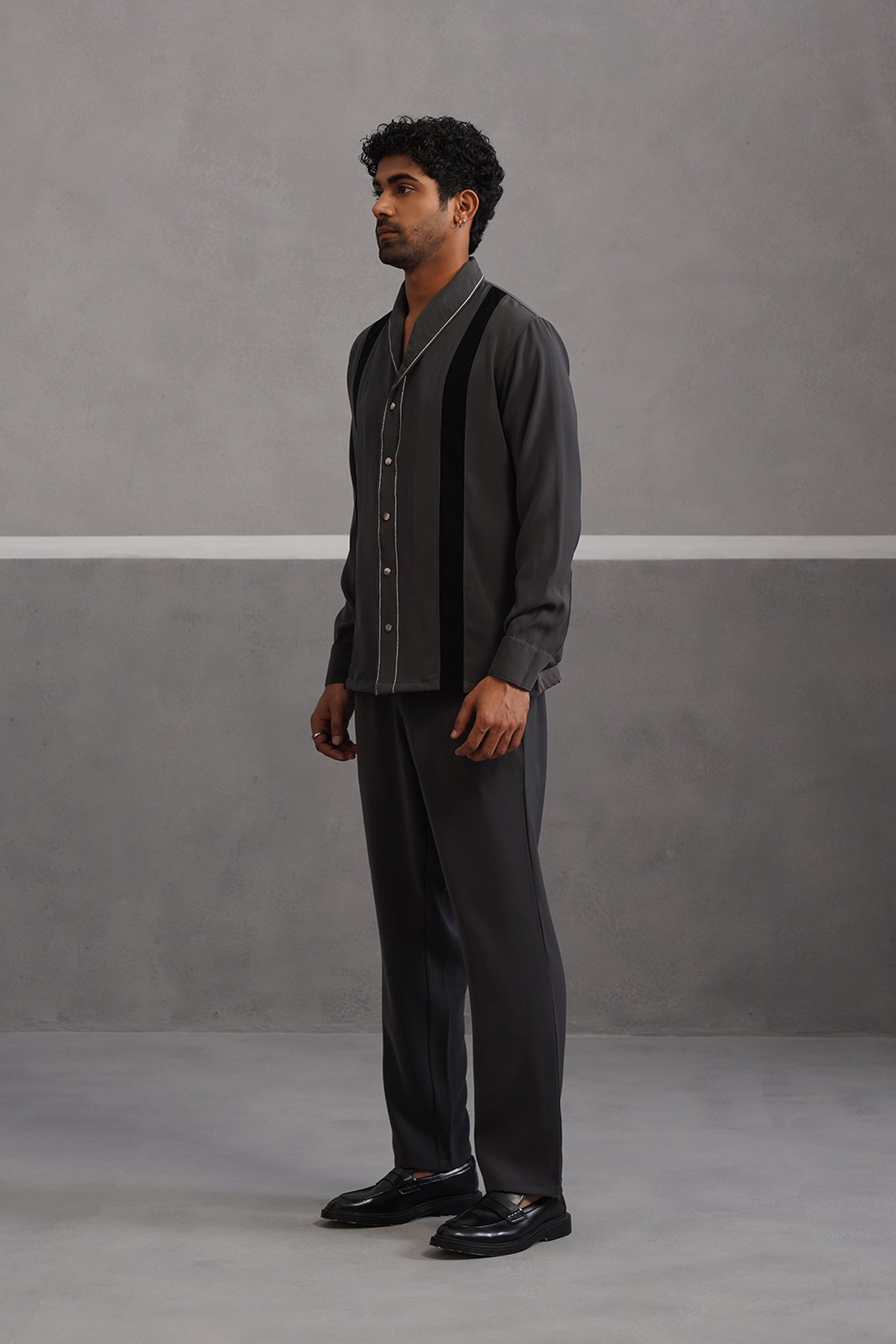 Striped Shirt Korean Lycra Co-ord Set - Grey