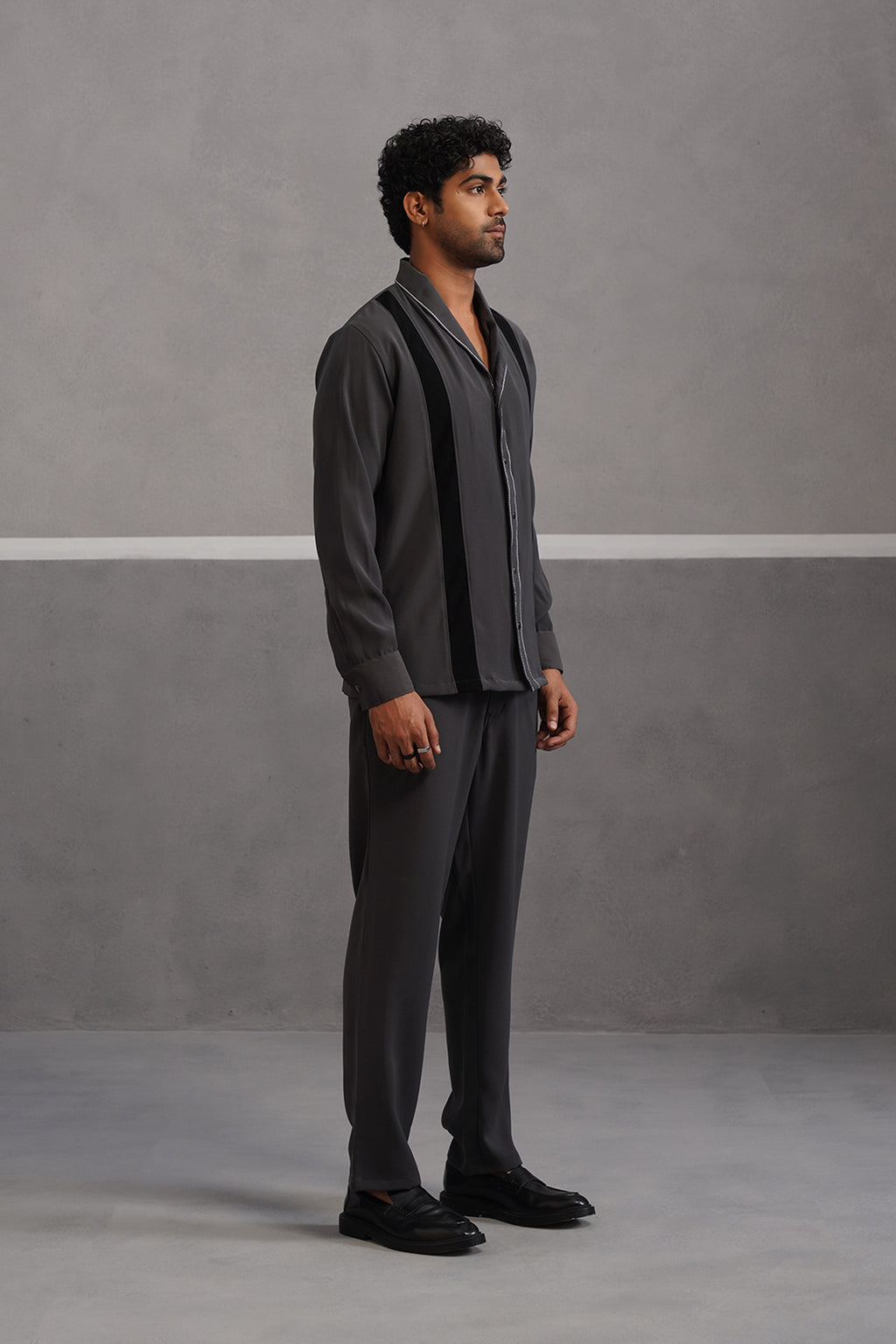Striped Shirt Korean Lycra Co-ord Set - Grey