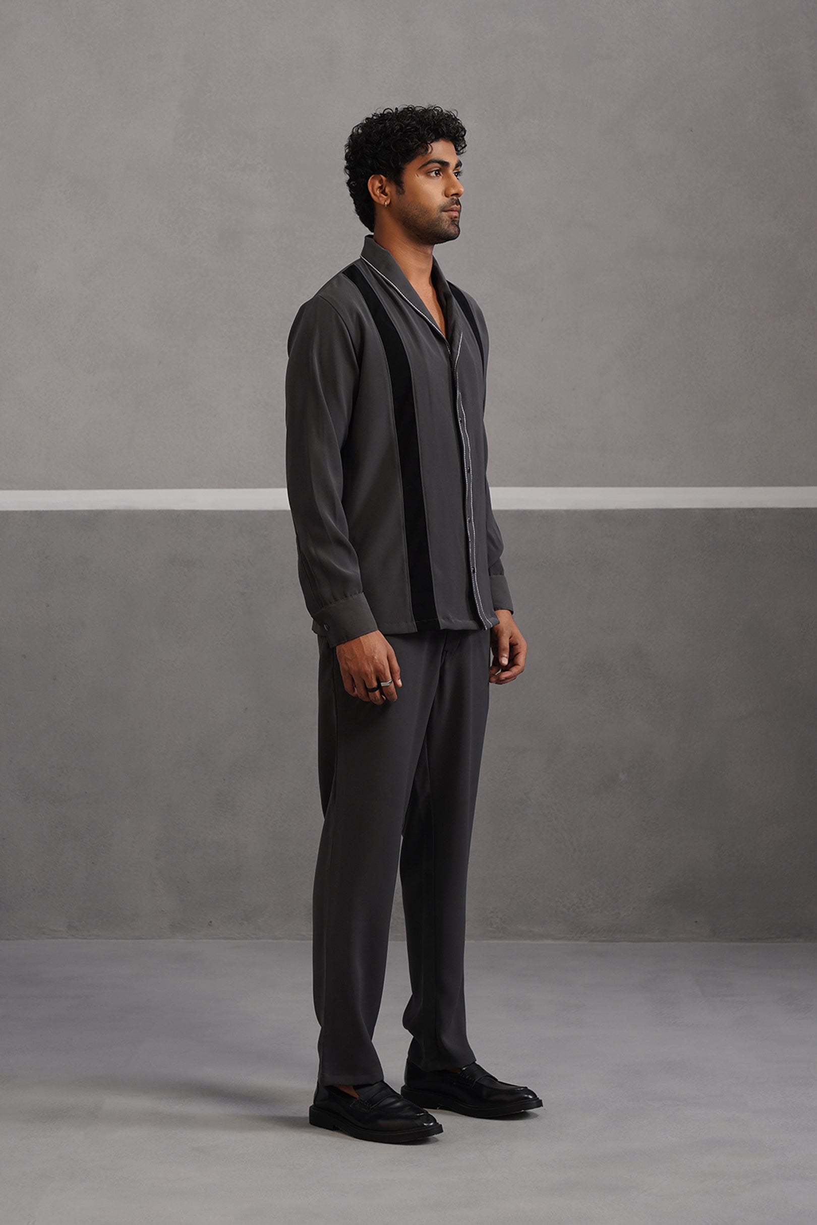 Striped Shirt Korean Lycra Co-ord Set - Grey