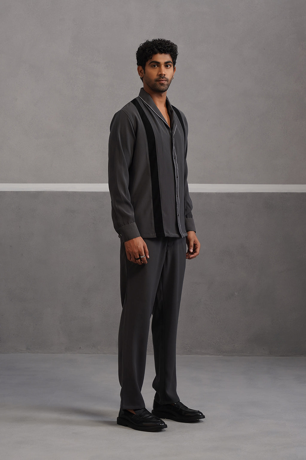Striped Shirt Korean Lycra Co-ord Set - Grey