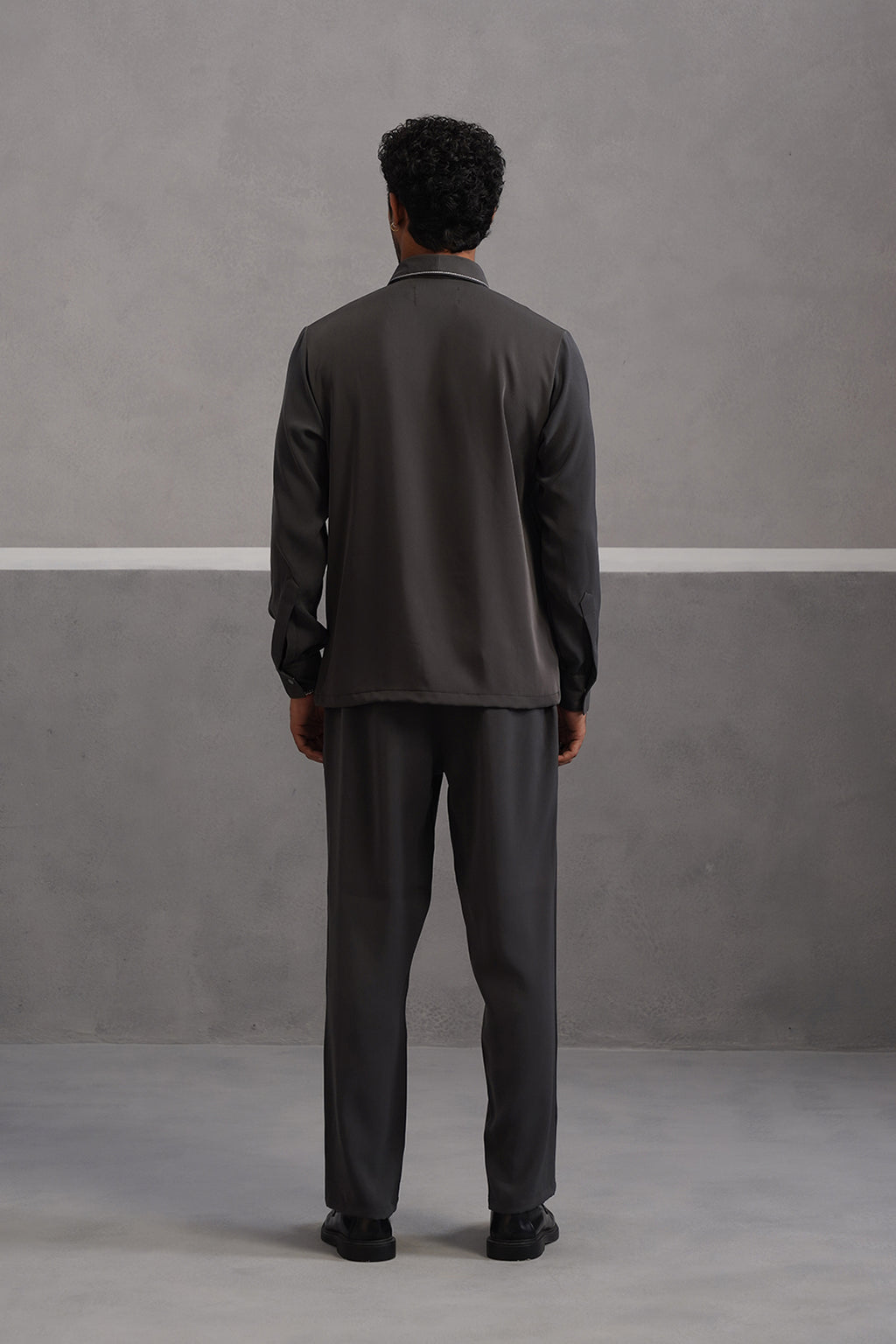 Striped Shirt Korean Lycra Co-ord Set - Grey
