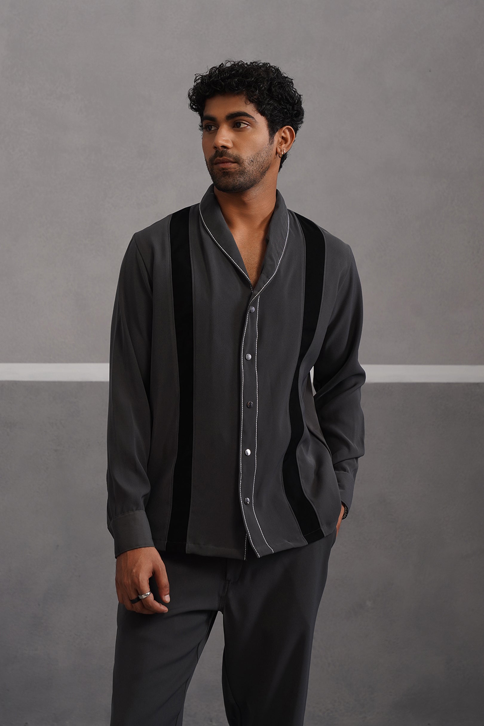 Striped Shirt Korean Lycra Co-ord Set - Grey