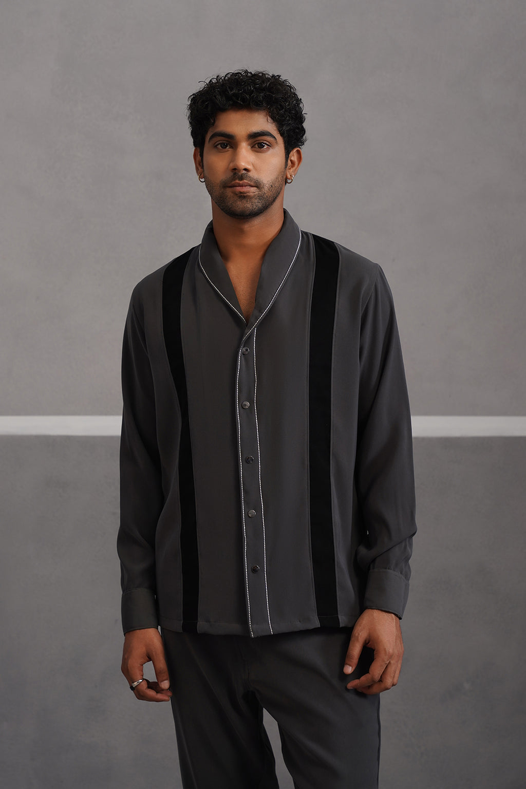 Korean Lycra Elite Full Sleeve Double Striped Shirt - Grey