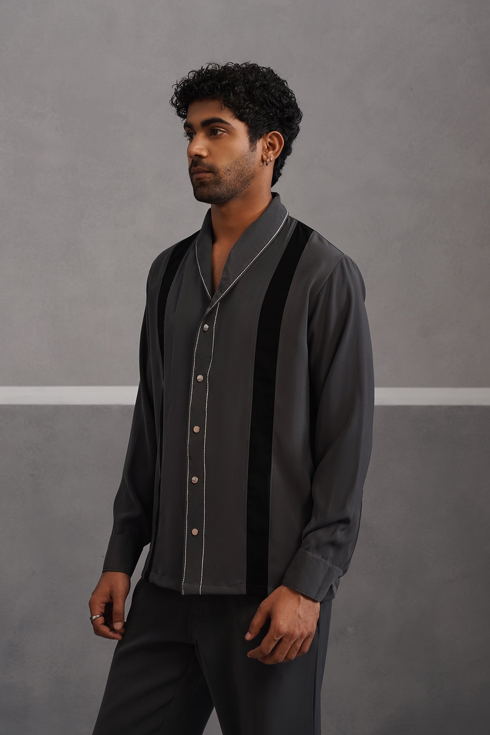 Korean Lycra Elite Full Sleeve Double Striped Shirt - Grey