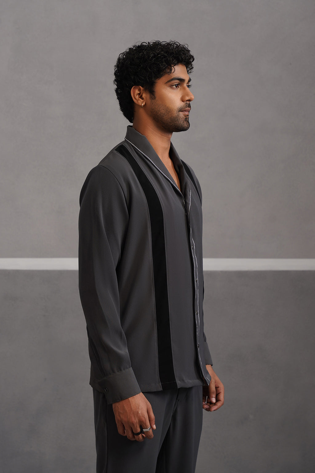 Korean Lycra Elite Full Sleeve Double Striped Shirt - Grey