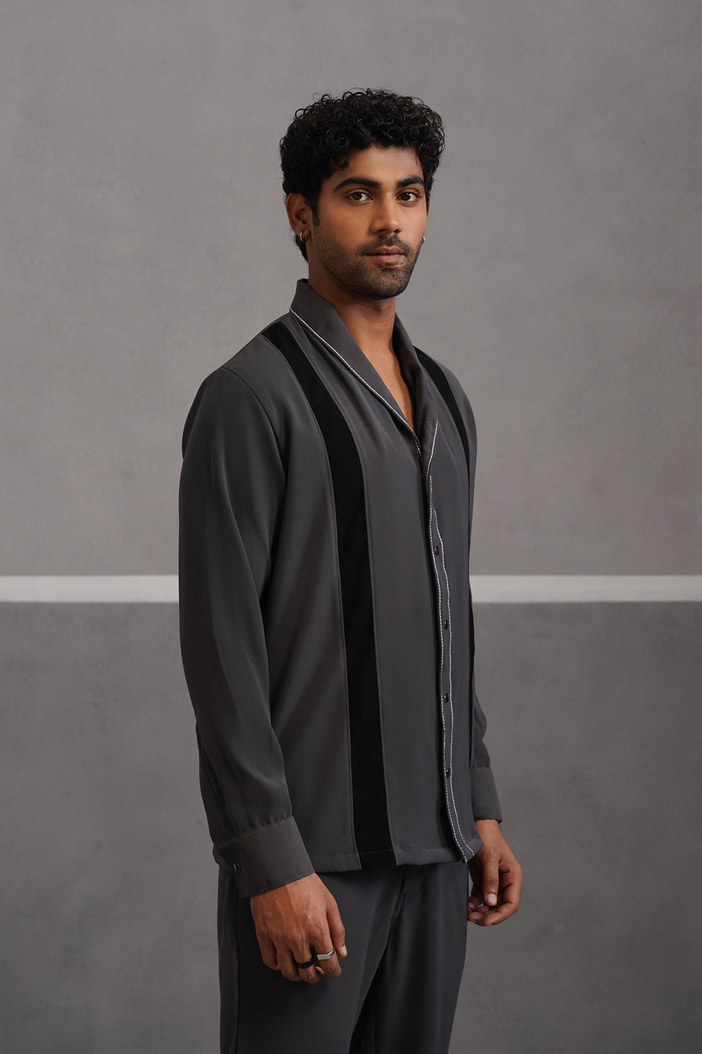 Korean Lycra Elite Full Sleeve Double Striped Shirt - Grey