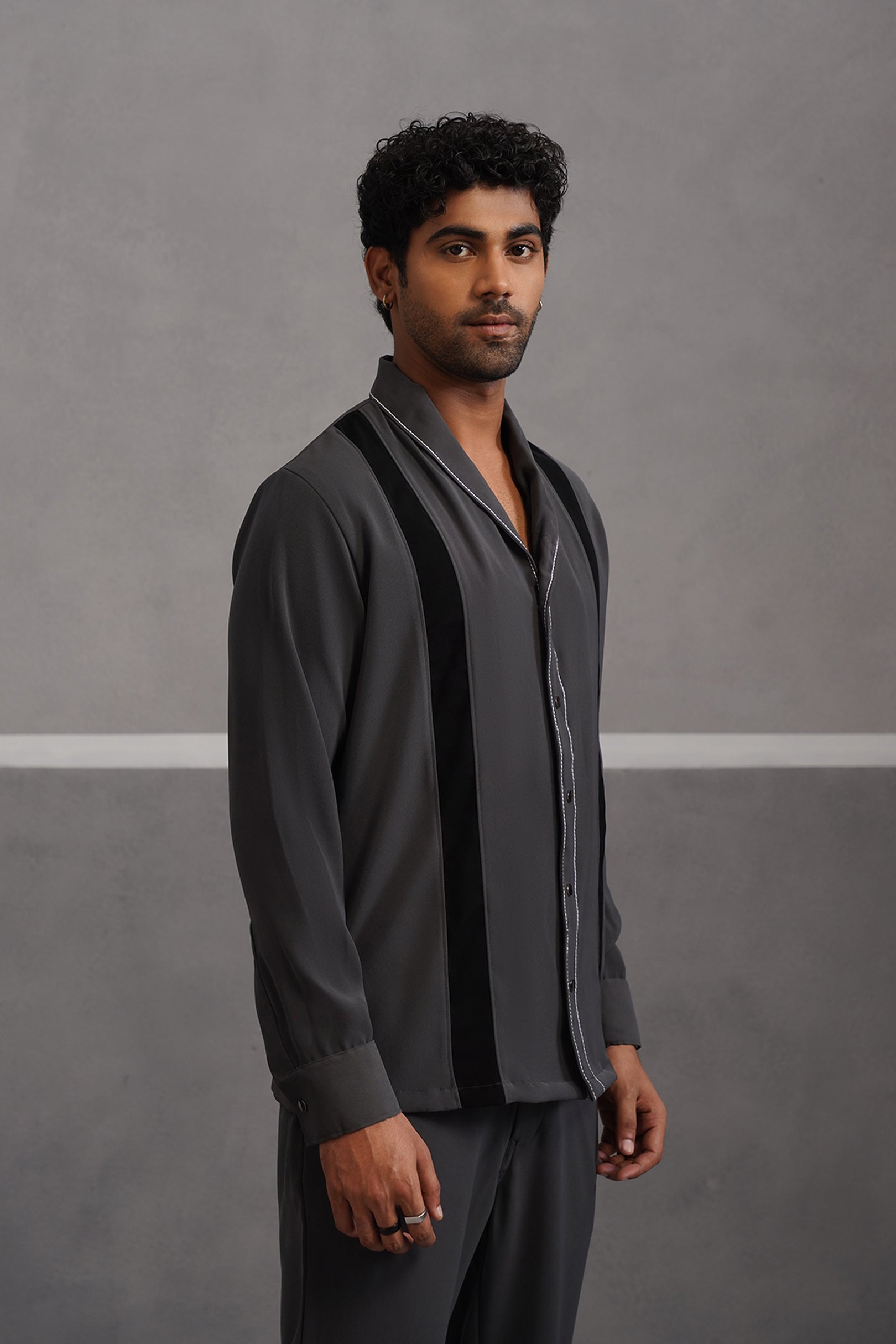 Korean Lycra Elite Full Sleeve Double Striped Shirt - Grey