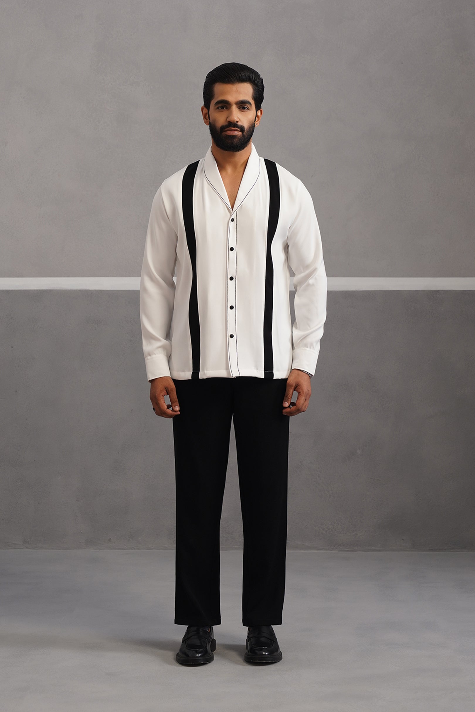 Striped Shirt Korean Lycra Co-ord Set - White