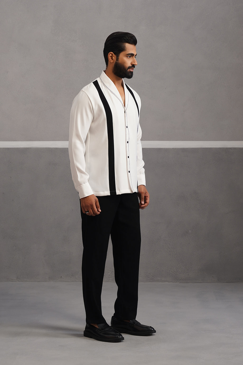Striped Shirt Korean Lycra Co-ord Set - White