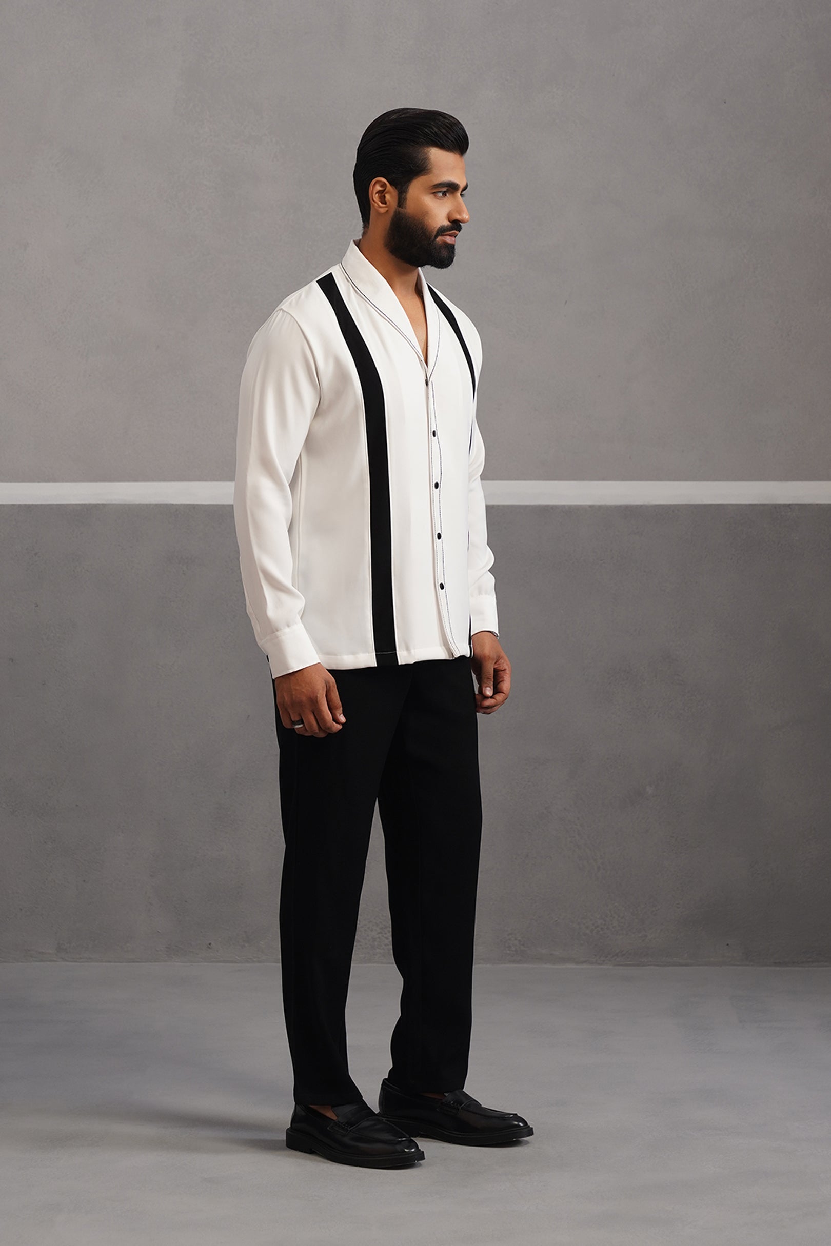 Striped Shirt Korean Lycra Co-ord Set - White