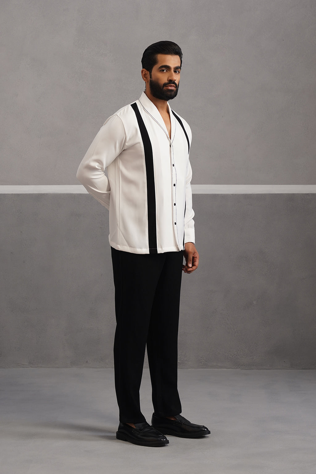 Striped Shirt Korean Lycra Co-ord Set - White