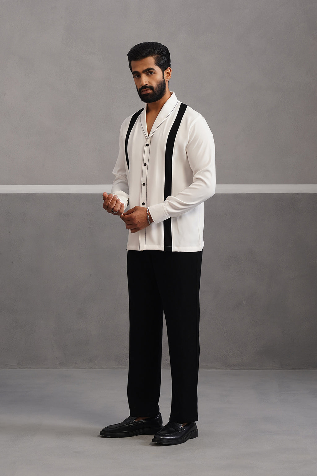 Striped Shirt Korean Lycra Co-ord Set - White