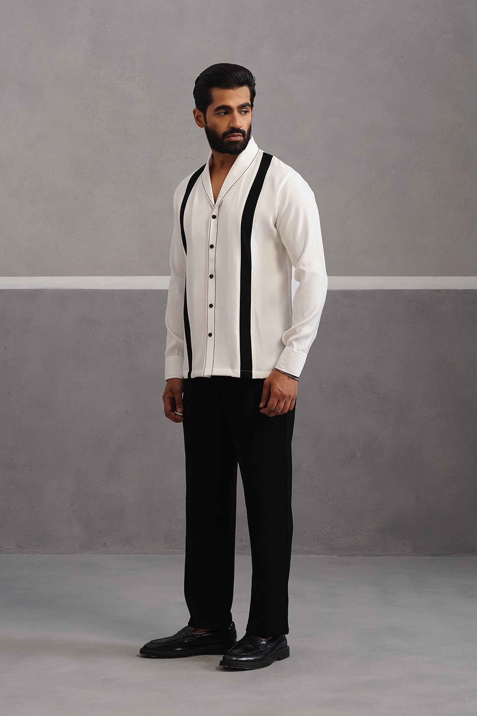 Striped Shirt Korean Lycra Co-ord Set - White