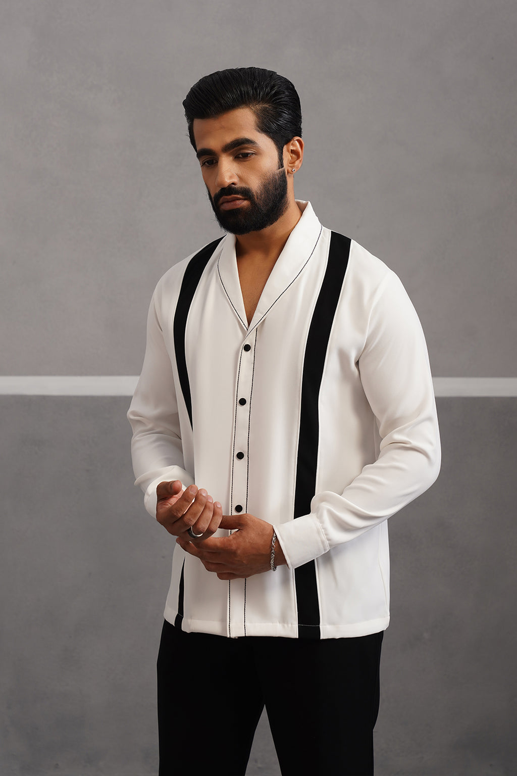 Korean Lycra Elite Full Sleeve Double Striped Shirt - White