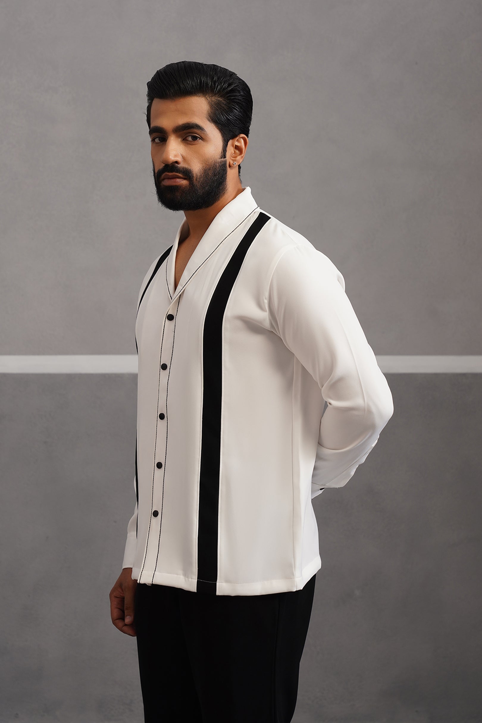 Korean Lycra Elite Full Sleeve Double Striped Shirt - White