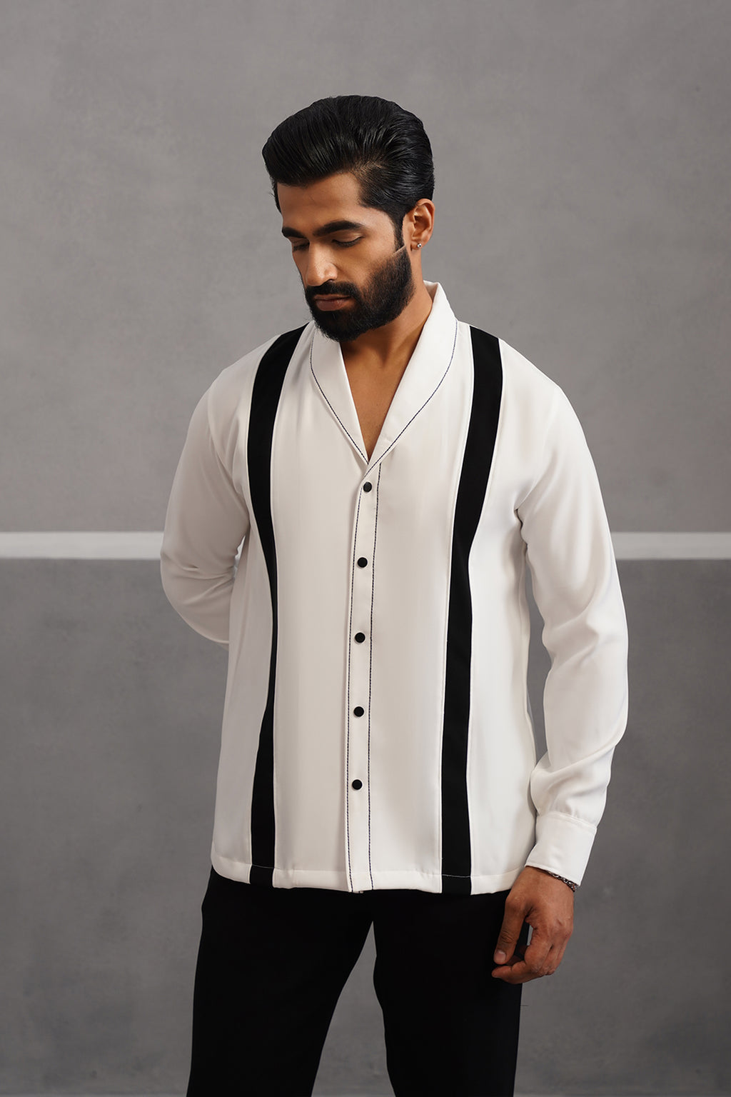 Korean Lycra Elite Full Sleeve Double Striped Shirt - White