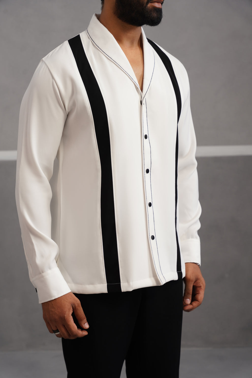 Korean Lycra Elite Full Sleeve Double Striped Shirt - White