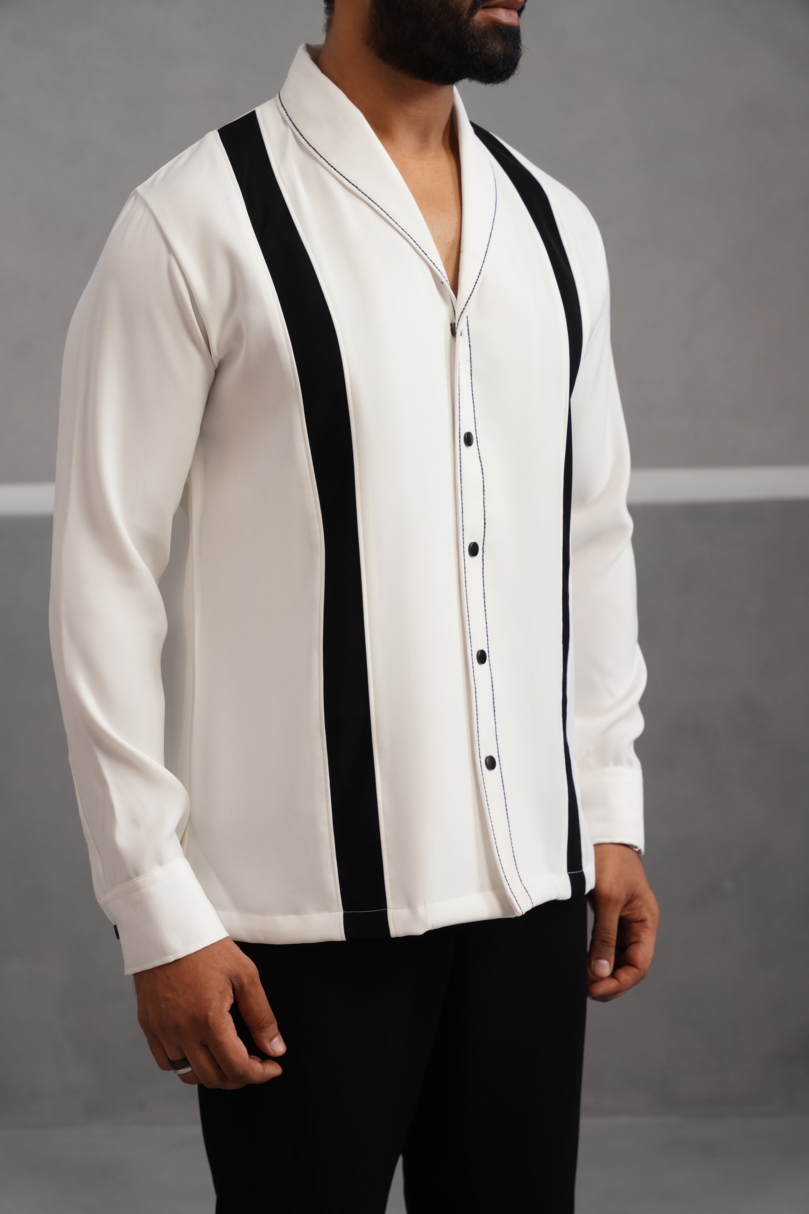 Korean Lycra Elite Full Sleeve Double Striped Shirt - White