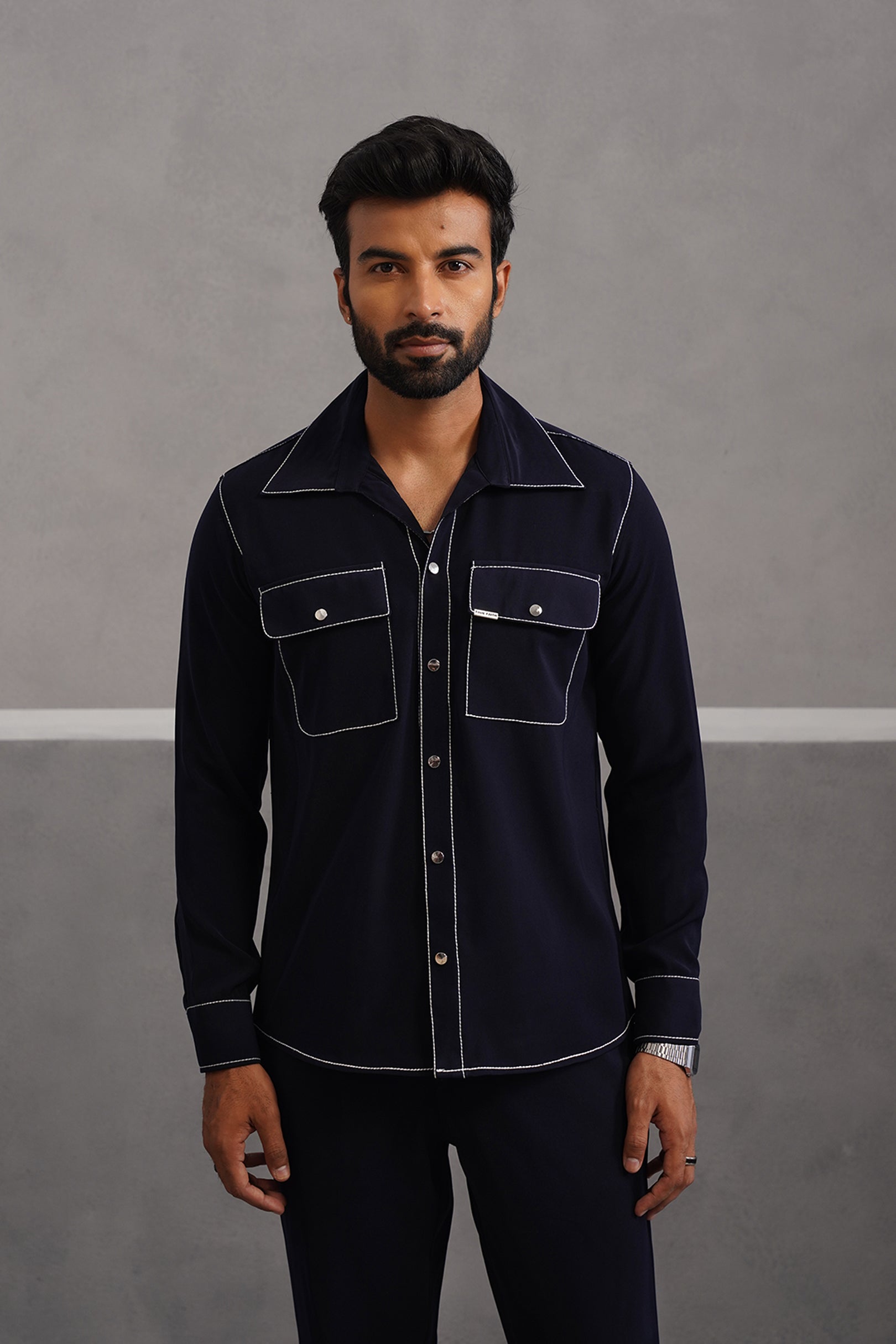 Korean Lycra Elite Double Pocket Embroidered Shirt - Blue