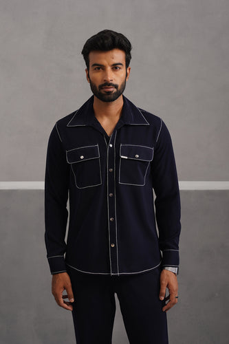 Korean Lycra Elite Double Pocket Embroidered Shirt - Blue