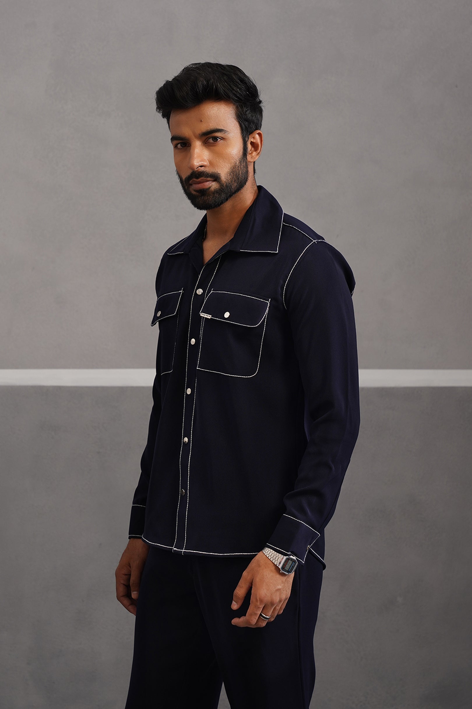 Korean Lycra Elite Double Pocket Embroidered Shirt - Blue