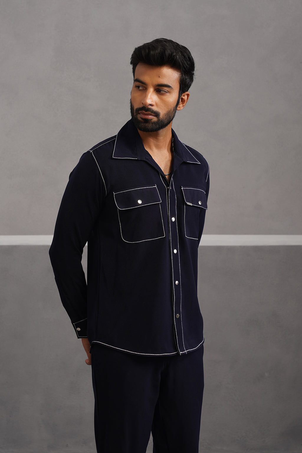 Korean Lycra Elite Double Pocket Embroidered Shirt - Blue