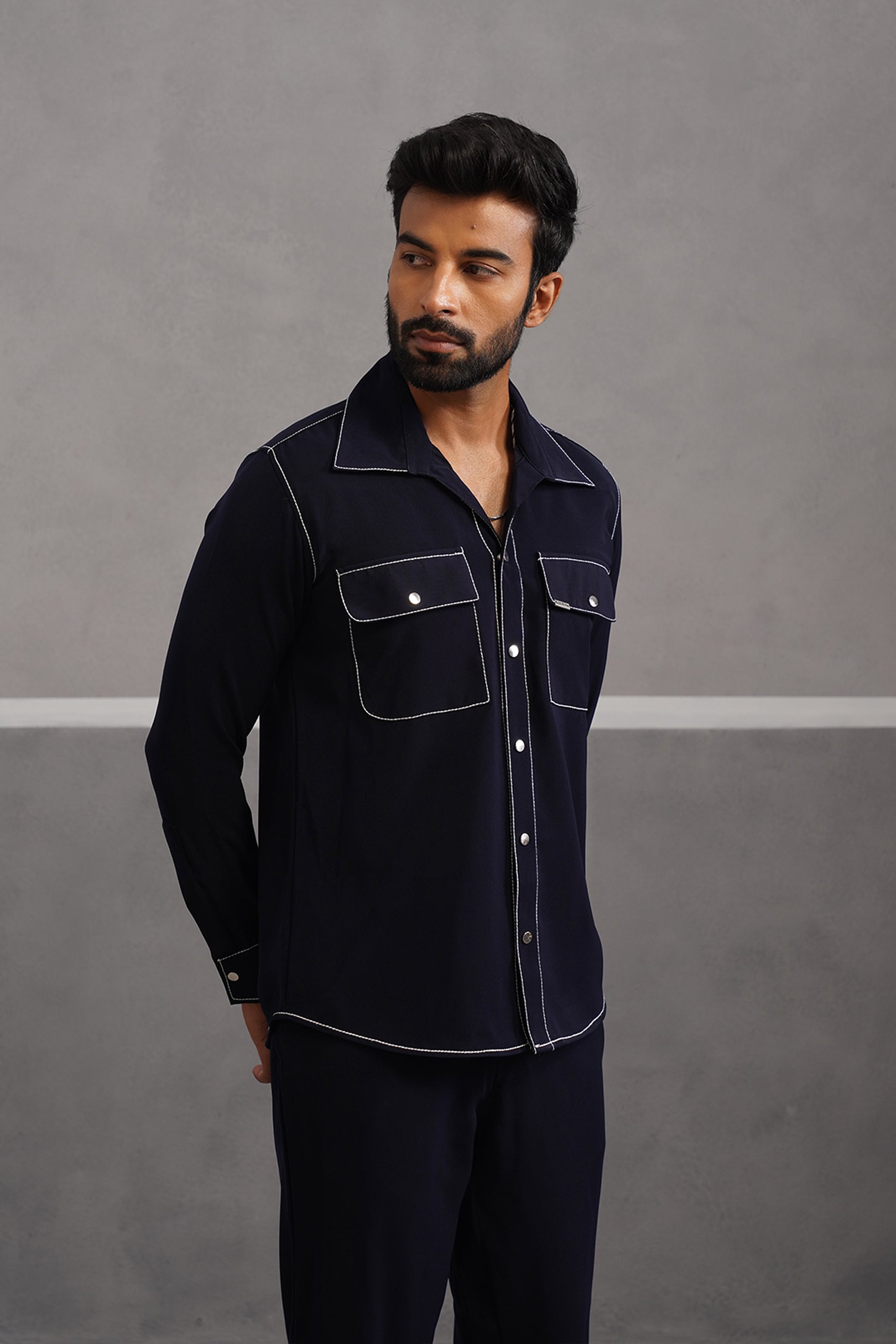 Korean Lycra Elite Double Pocket Embroidered Shirt - Blue