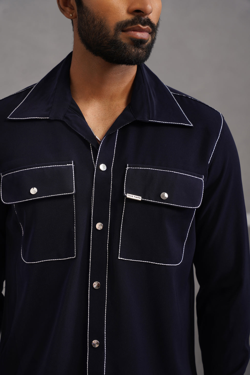Korean Lycra Elite Double Pocket Embroidered Shirt - Blue