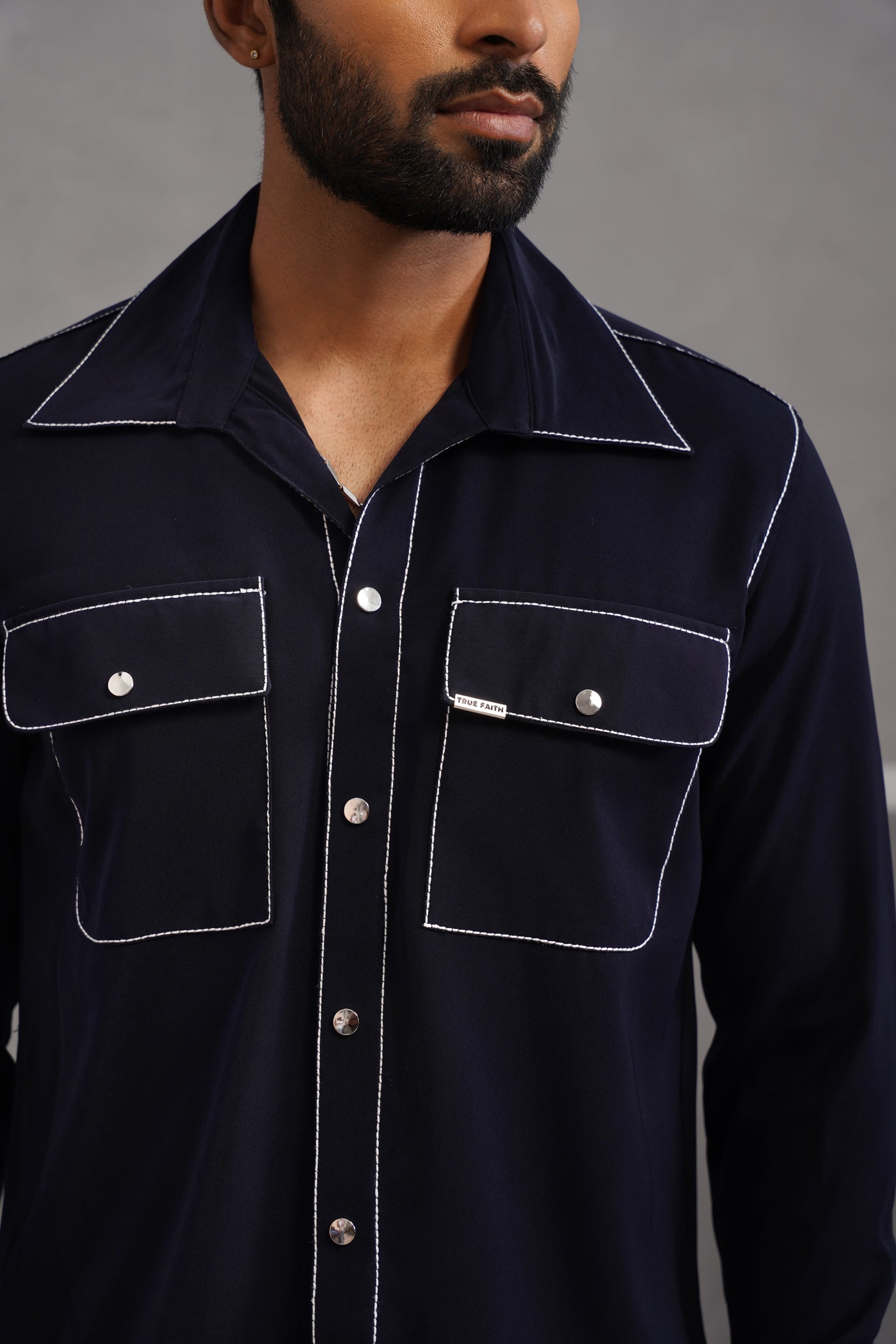 Korean Lycra Elite Double Pocket Embroidered Shirt - Blue