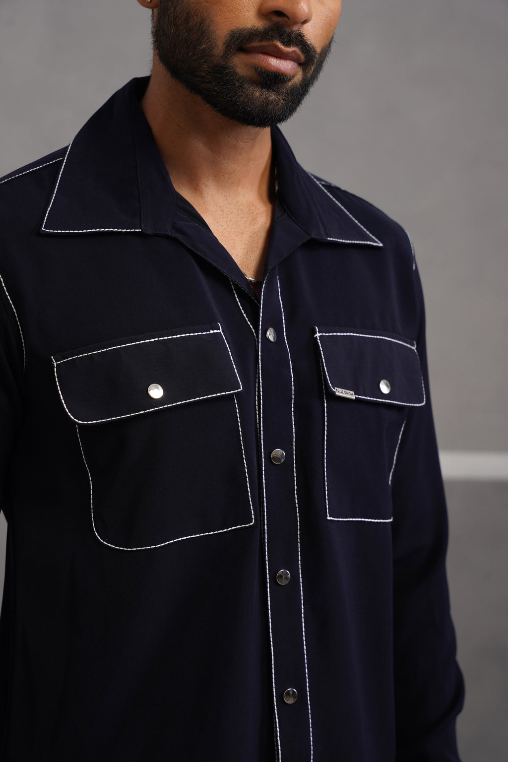 Korean Lycra Elite Double Pocket Embroidered Shirt - Blue