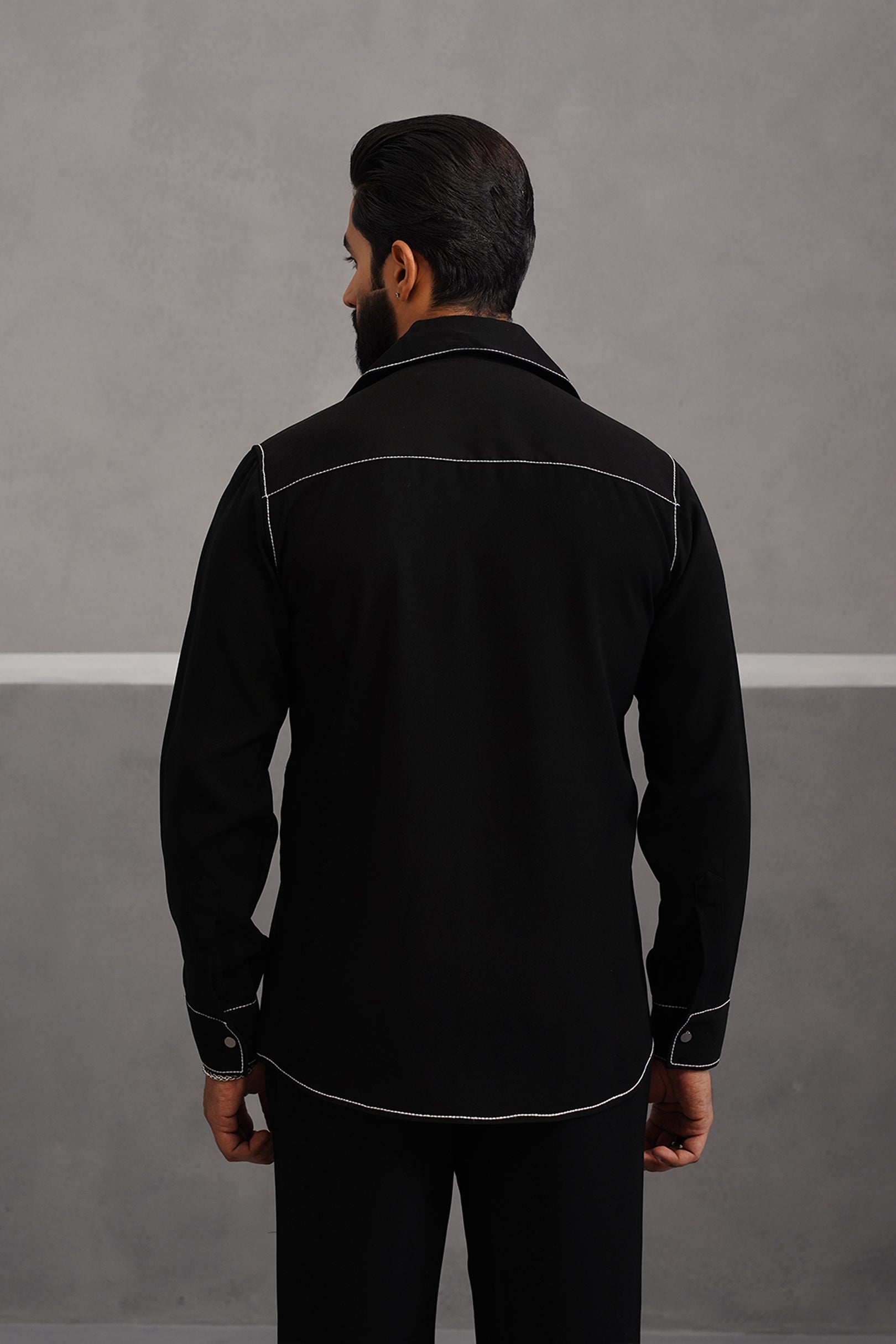Korean Lycra Elite Double Pocket Embroidered Shirt - Black
